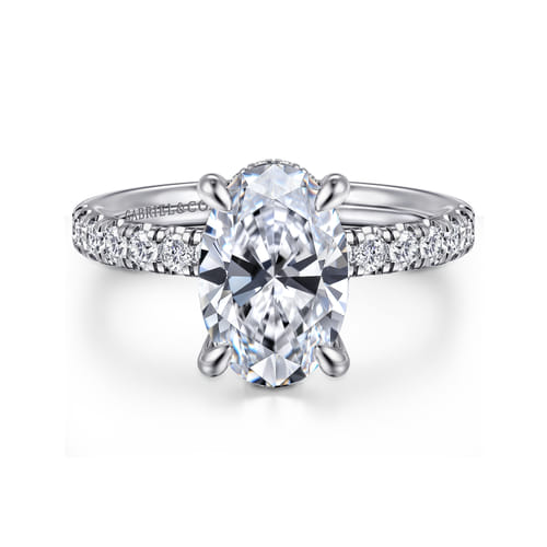 14K White Gold Oval Hidden Halo Diamond Engagement Ring