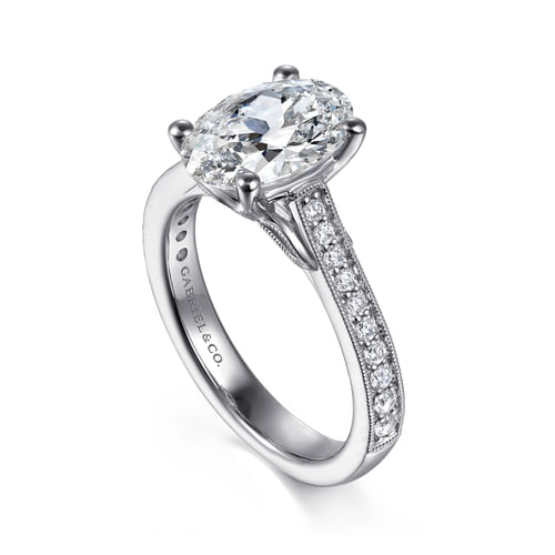 14K White Gold Oval Lotus Diamond Engagement Ring