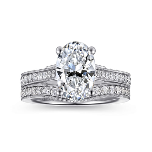 14K White Gold Oval Lotus Diamond Engagement Ring