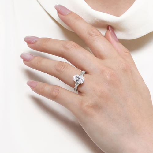 14K White Gold Oval Lotus Diamond Engagement Ring