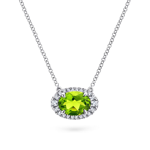 14K White Gold Oval Peridot and Diamond Halo Pendant Necklace