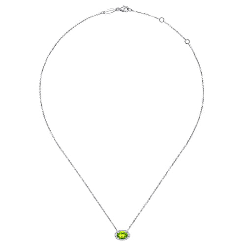 14K White Gold Oval Peridot and Diamond Halo Pendant Necklace