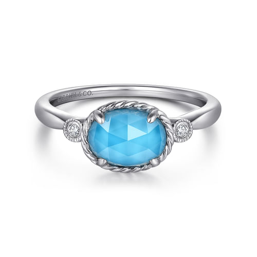 14K White Gold Oval Rock Crystal/Turquoise Diamond Ring