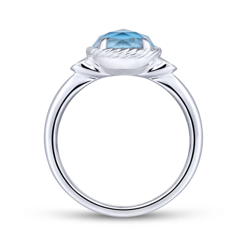 14K White Gold Oval Rock Crystal/Turquoise Diamond Ring