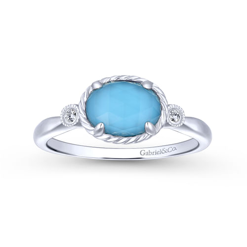 14K White Gold Oval Rock Crystal/Turquoise Diamond Ring