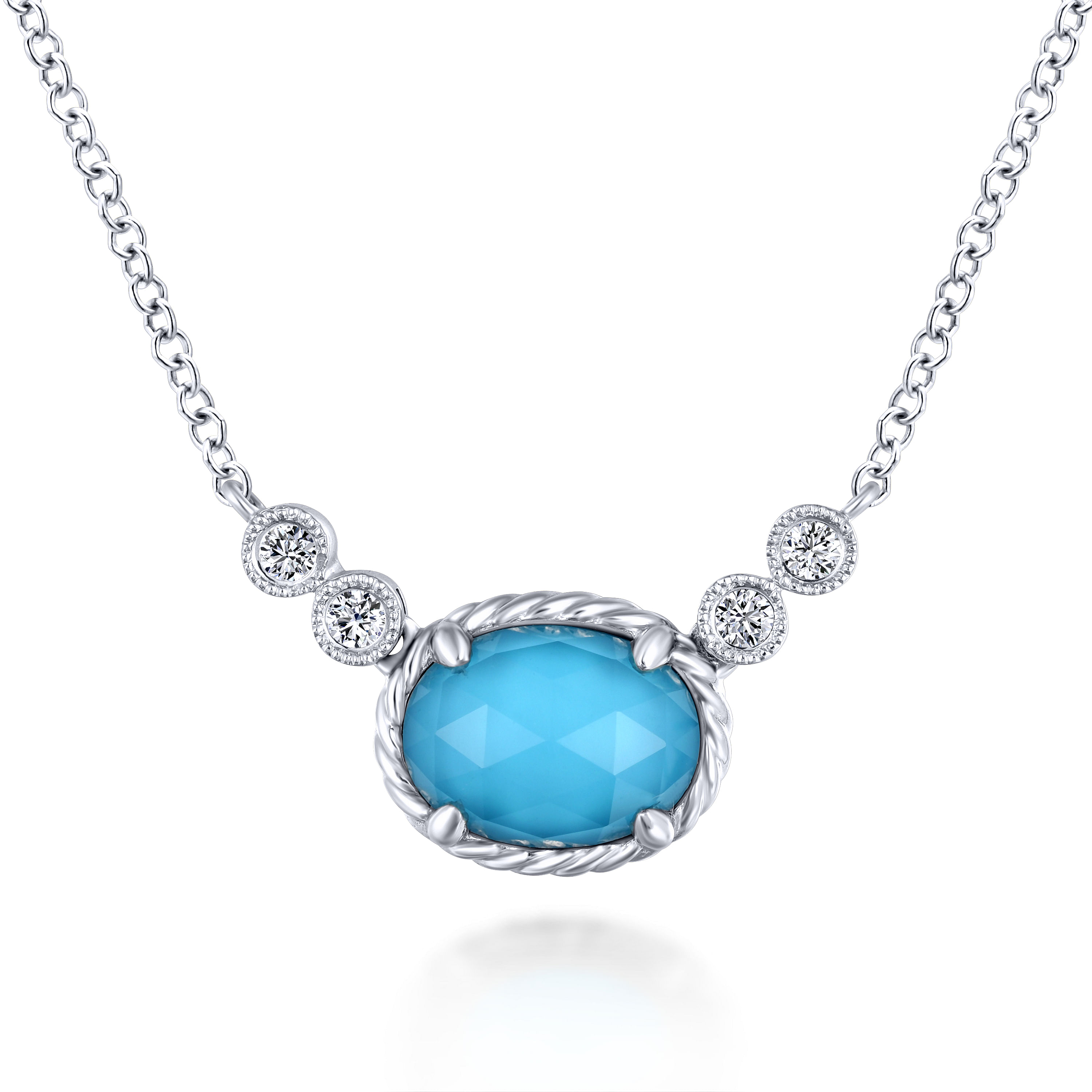 14K White Gold Oval Rock Crystal/Turquoise and Diamond Pendant Necklace