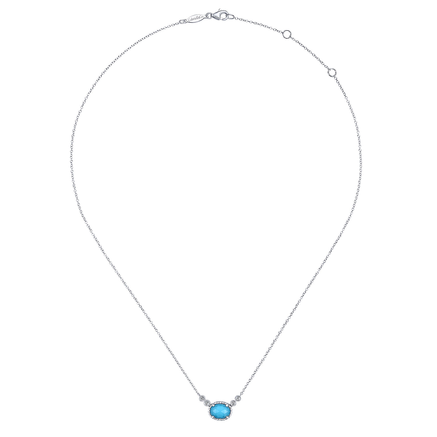 14K White Gold Oval Rock Crystal/Turquoise and Diamond Pendant Necklace