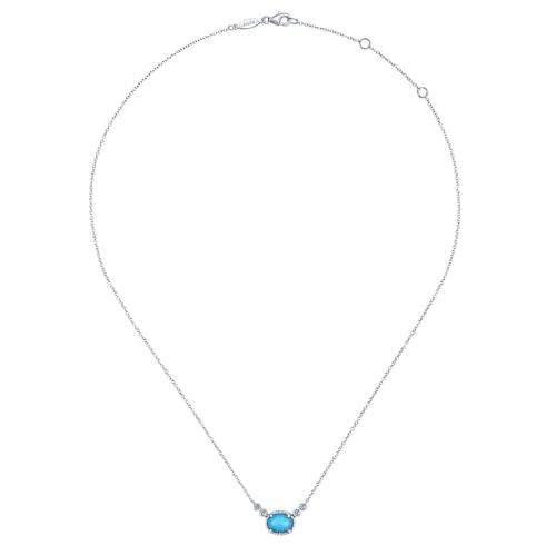 14K White Gold Oval Rock Crystal/Turquoise and Diamond Pendant Necklace