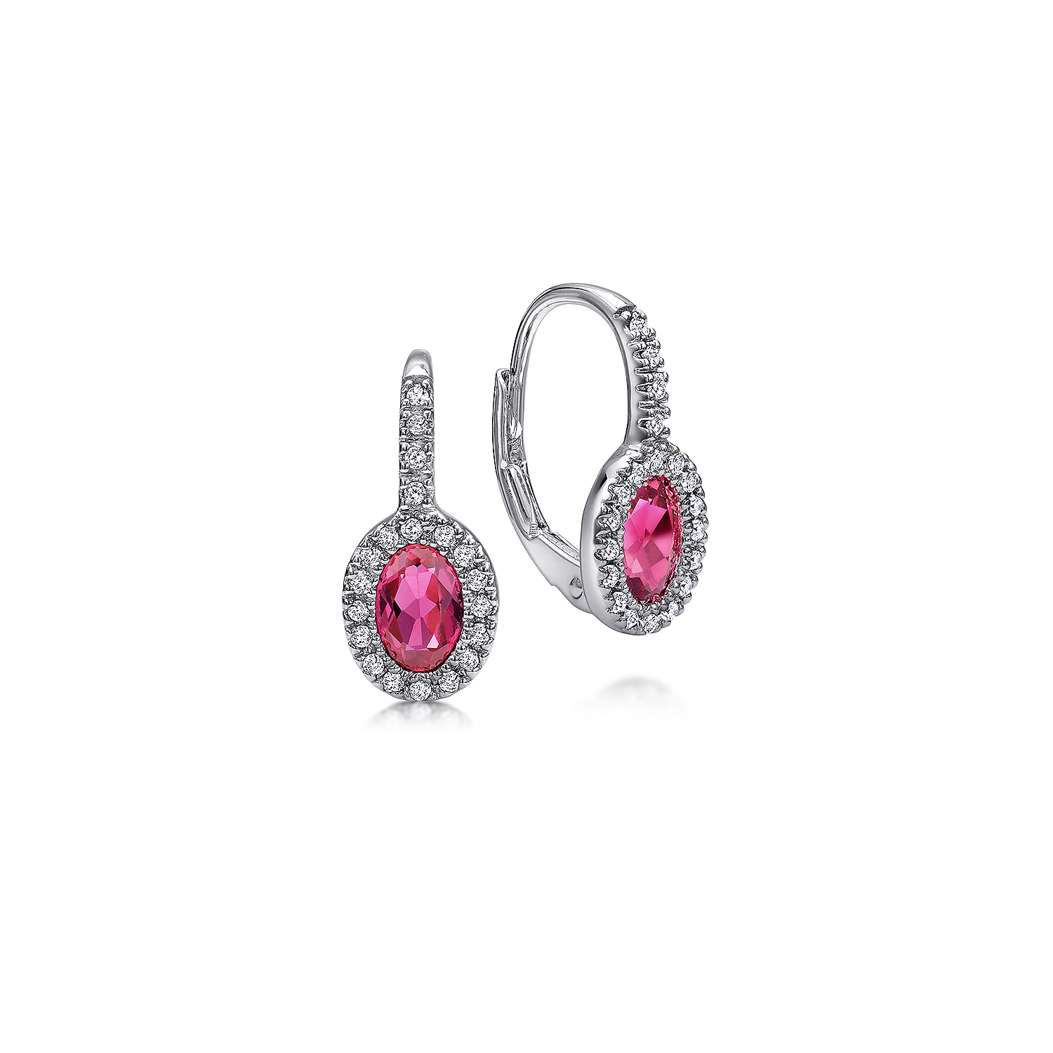 14K White Gold Oval Ruby and Diamond Halo Leverback Earrings