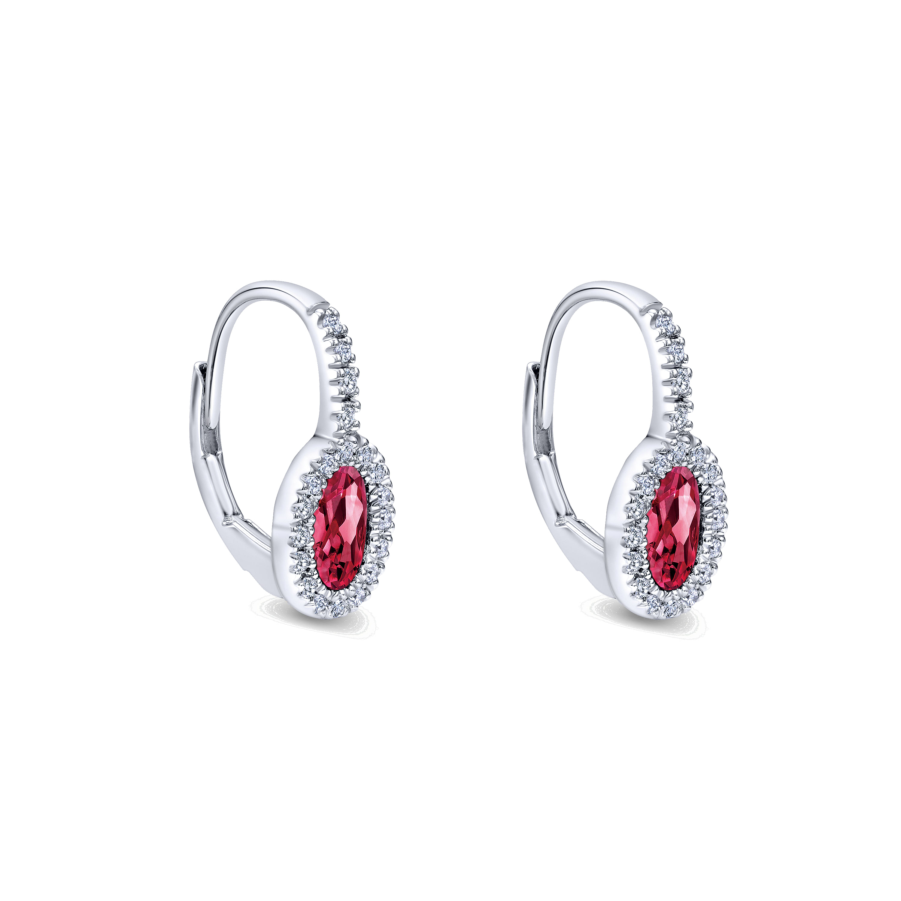 14K White Gold Oval Ruby and Diamond Halo Leverback Earrings