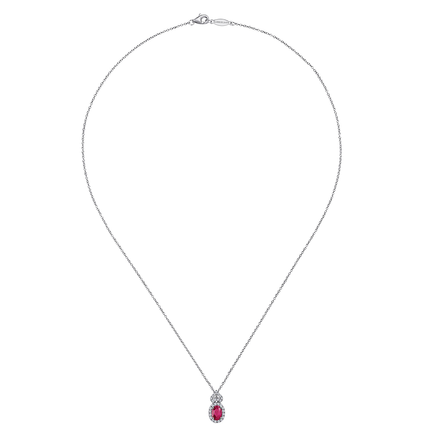 14K White Gold Oval Ruby and Diamond Halo Pendant Necklace
