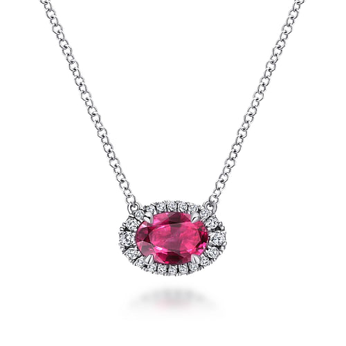 14K White Gold Oval Ruby and Diamond Halo Pendant Necklace