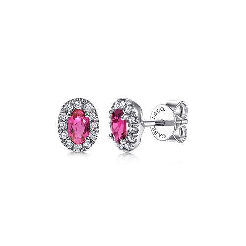 14K White Gold Oval Ruby and Diamond Halo Stud Earrings