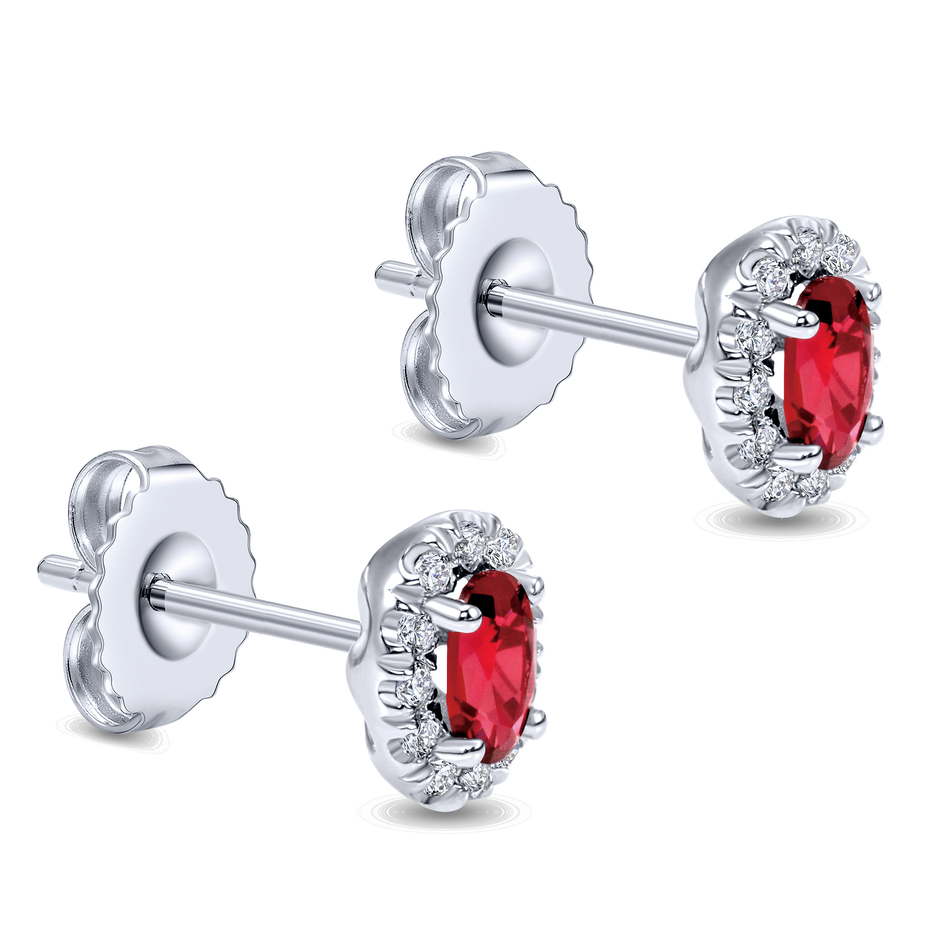 14K White Gold Oval Ruby and Diamond Halo Stud Earrings