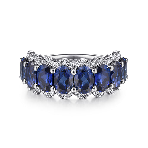 14K White Gold Oval Sapphire and Diamond Anniversary Band