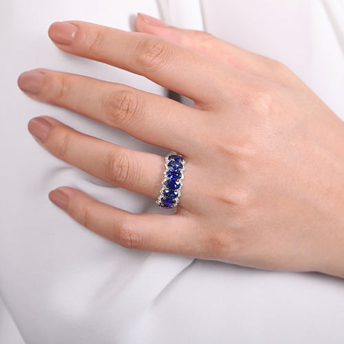 14K White Gold Oval Sapphire and Diamond Anniversary Band