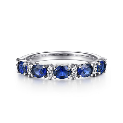 14K White Gold Oval Sapphire and Diamond Anniversary Band