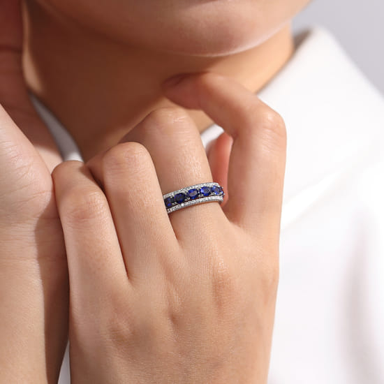 14K White Gold Oval Sapphire and Diamond Band angle 5
