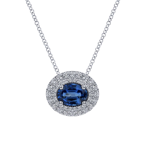 14K White Gold Oval Sapphire and Diamond Double Halo Pendant Necklace