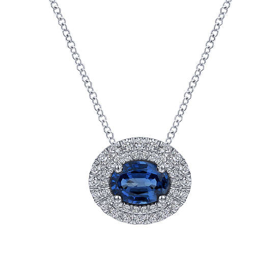 Gabriel - 14K White Gold Oval Sapphire and Diamond Double Halo Pendant Necklace