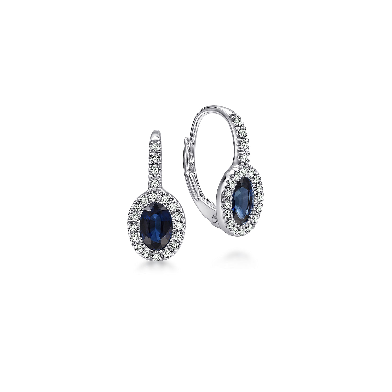 14K White Gold Oval Sapphire and Diamond Halo Leverback Earrings