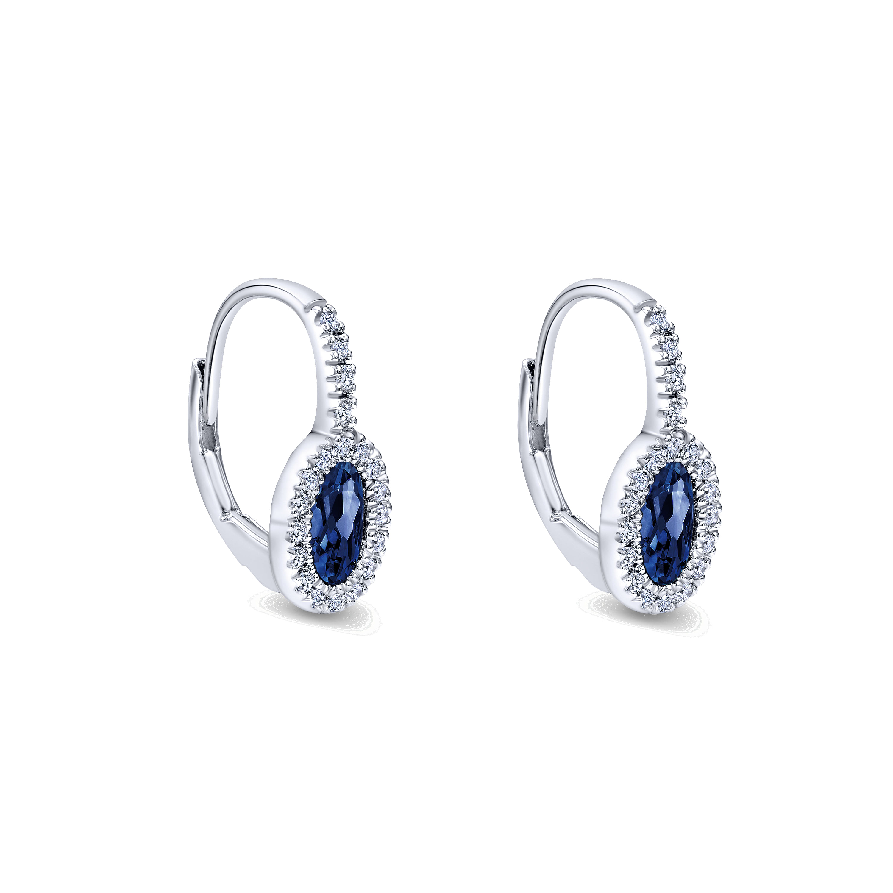 14K White Gold Oval Sapphire and Diamond Halo Leverback Earrings