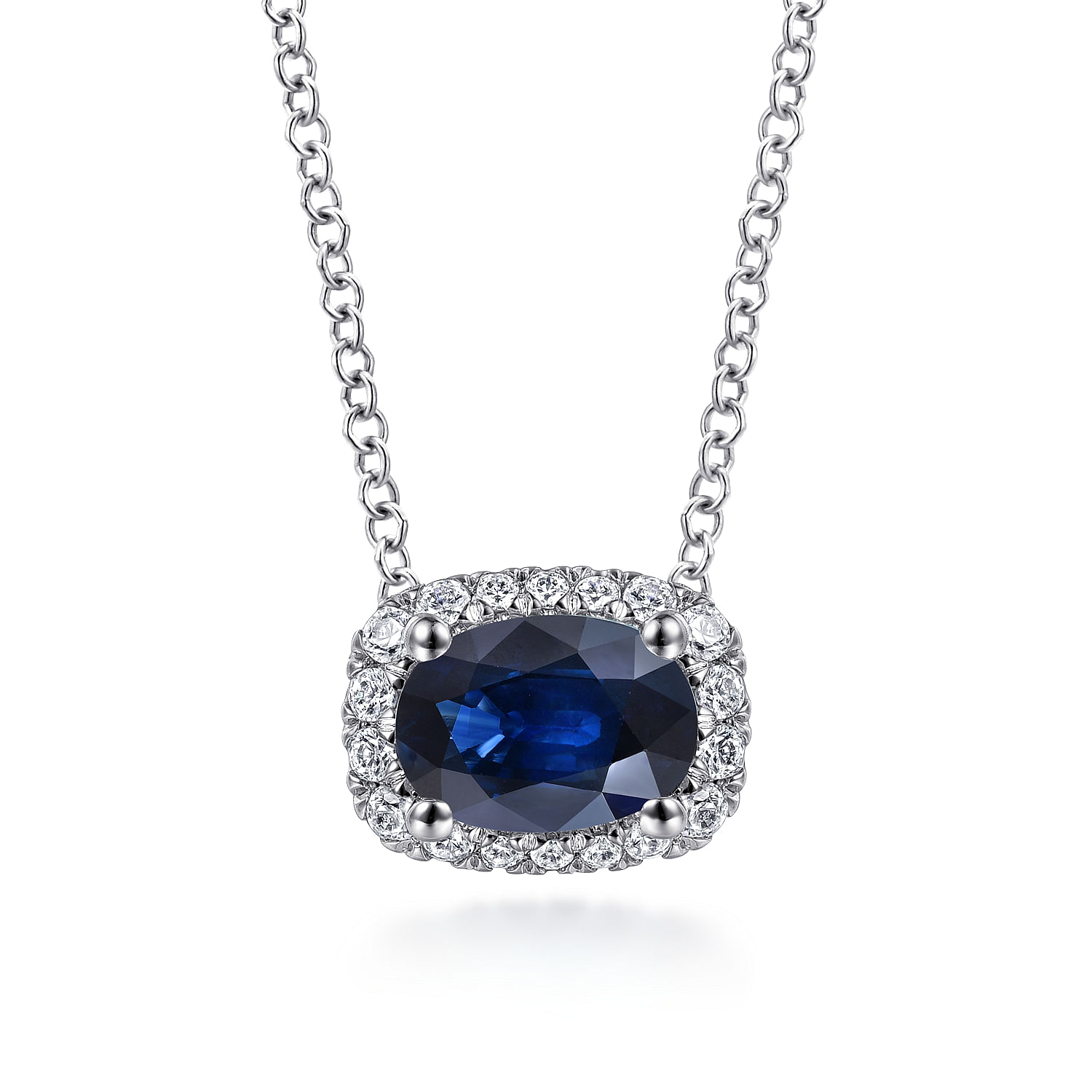 14K White Gold Oval Sapphire and Diamond Halo Pendant Necklace