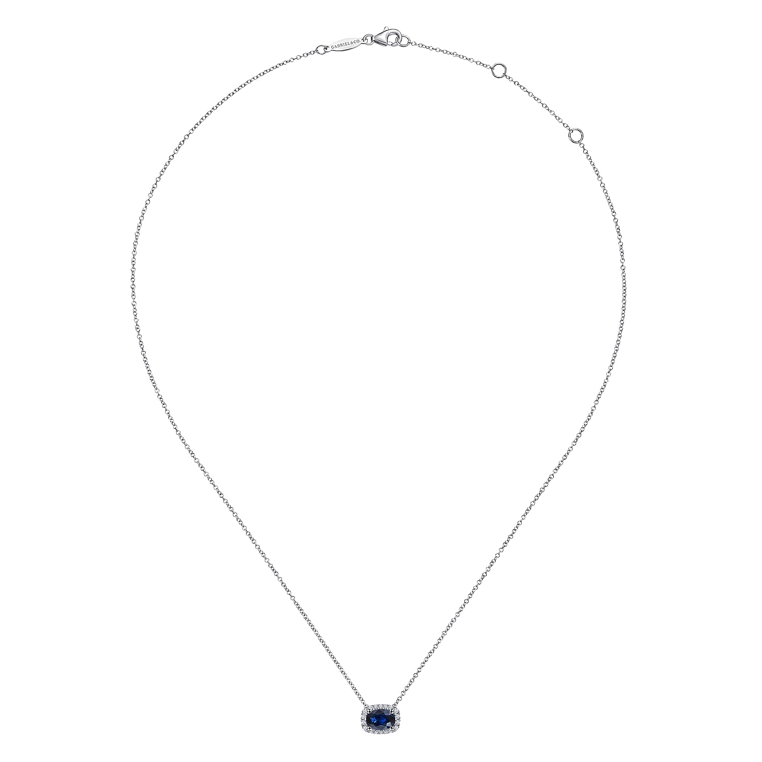 14K White Gold Oval Sapphire and Diamond Halo Pendant Necklace