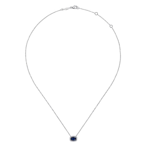 14K White Gold Oval Sapphire and Diamond Halo Pendant Necklace