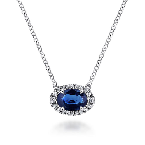 14K White Gold Oval Sapphire and Diamond Halo Pendant Necklace