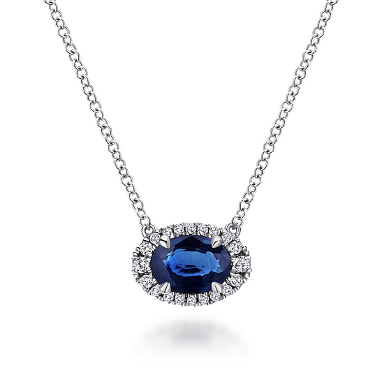 Gabriel - 14K White Gold Oval Sapphire and Diamond Halo Pendant Necklace