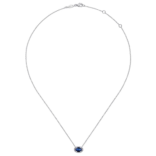 14K White Gold Oval Sapphire and Diamond Halo Pendant Necklace