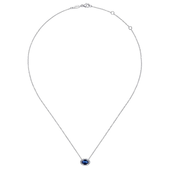 14K White Gold Oval Sapphire and Diamond Halo Pendant Necklace angle 2