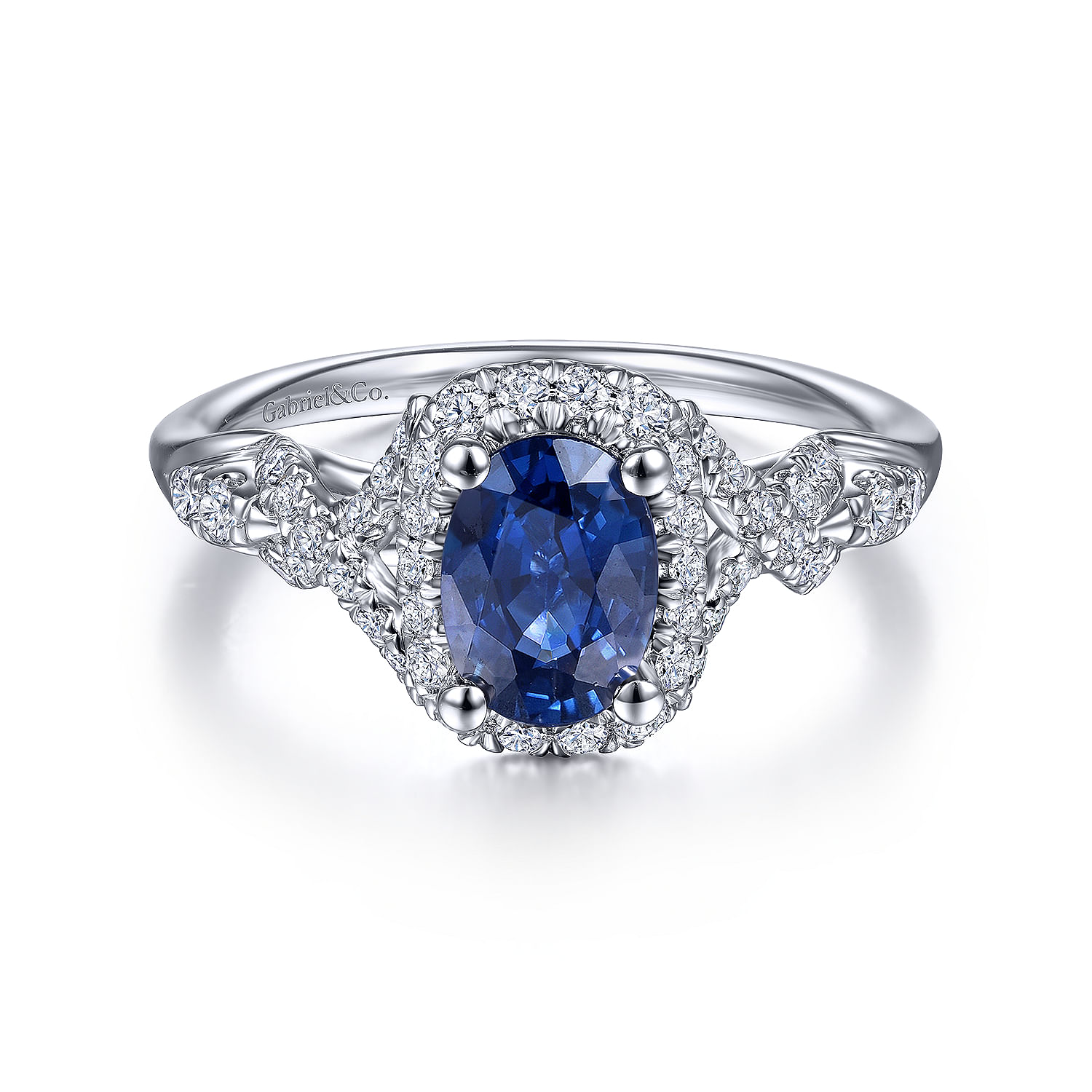 Gabriel - 14K White Gold Oval Sapphire and Diamond Halo Ring