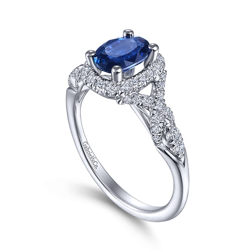 14K White Gold Oval Sapphire and Diamond Halo Ring