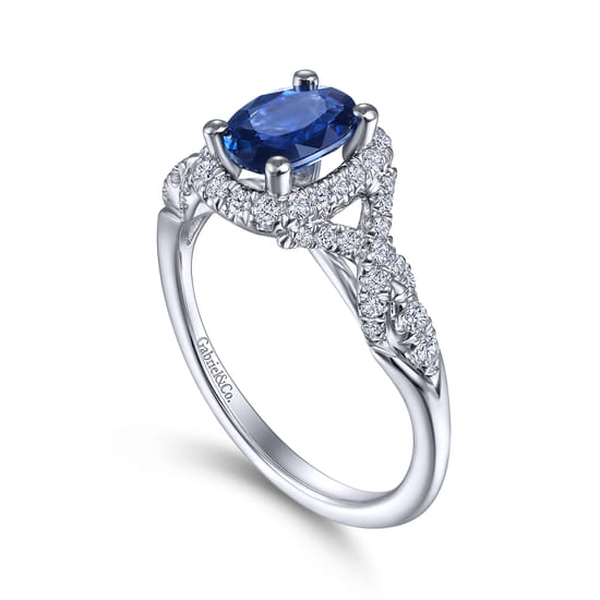 14K White Gold Oval Sapphire and Diamond Halo Ring angle 3