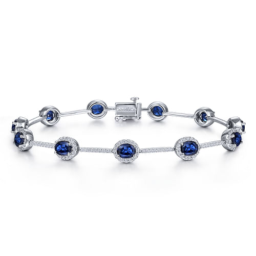 14K White Gold Oval Sapphire and Diamond Halo Station Tennis Bracelet