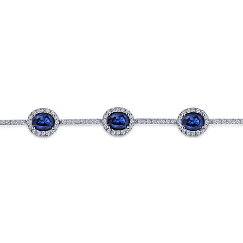 14K White Gold Oval Sapphire and Diamond Halo Station Tennis Bracelet