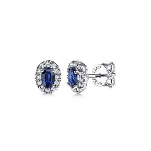 14K White Gold Oval Sapphire and Diamond Halo Stud Earrings