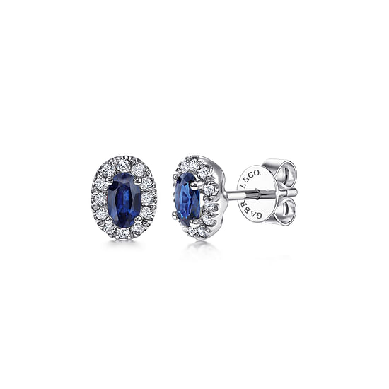 Gabriel - 14K White Gold Oval Sapphire and Diamond Halo Stud Earrings