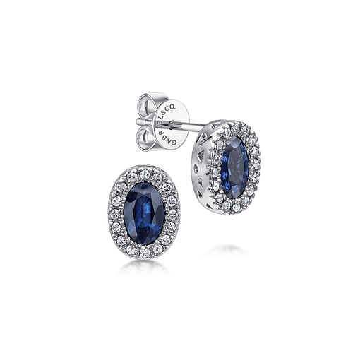 14K White Gold Oval Sapphire and Diamond Halo Stud Earrings