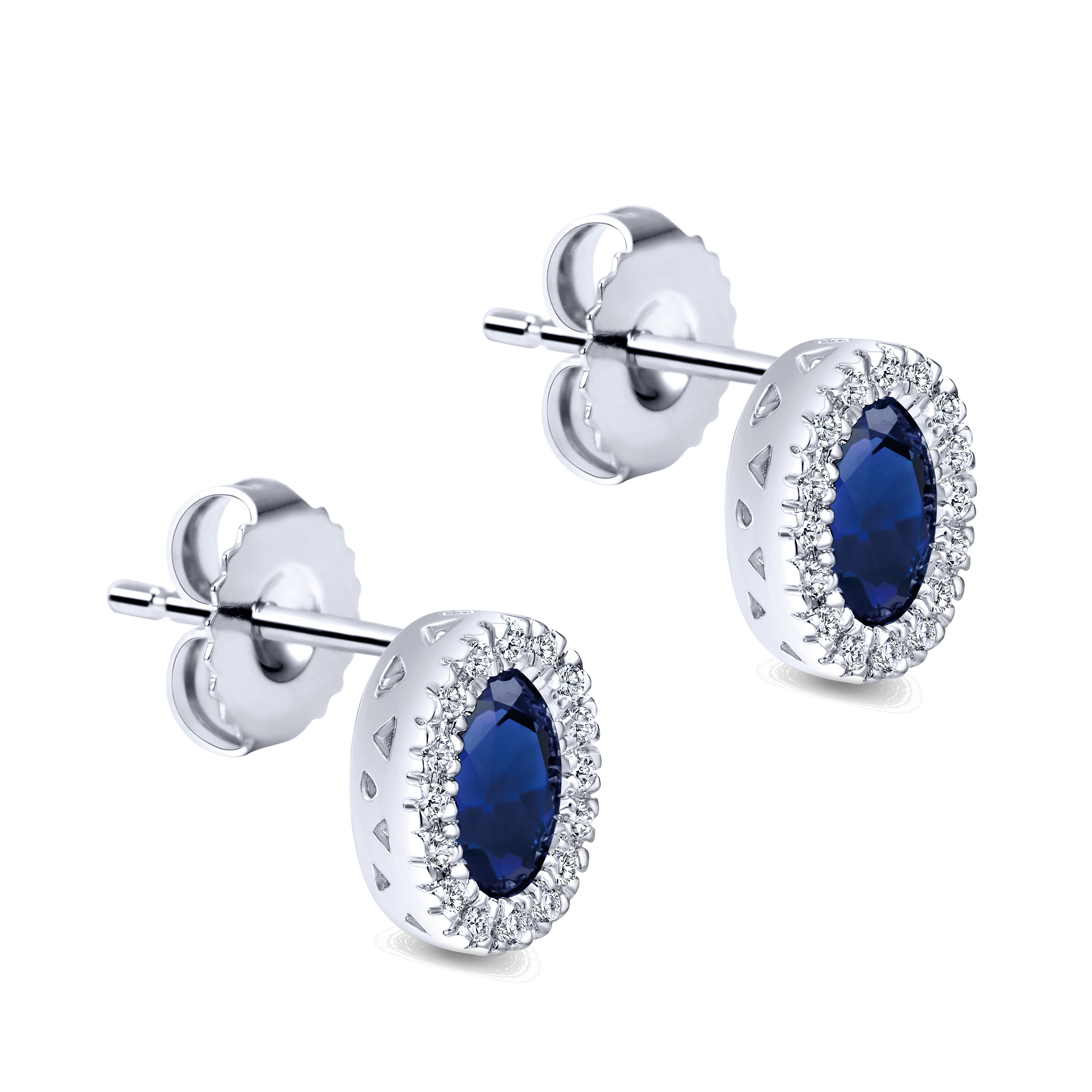 14K White Gold Oval Sapphire and Diamond Halo Stud Earrings