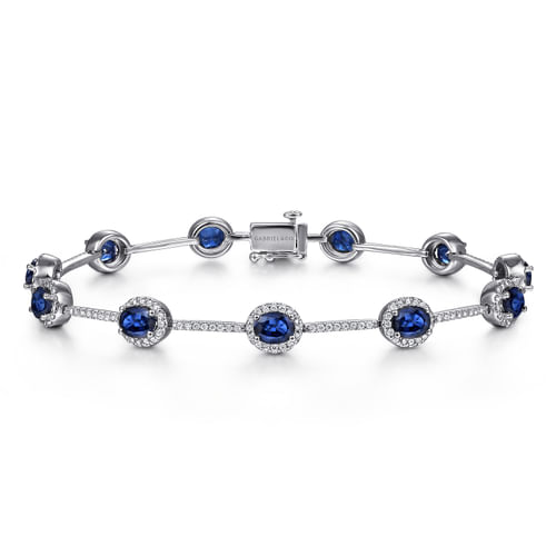 14K White Gold Oval Sapphire and Diamond Halo Tennis Bracelet