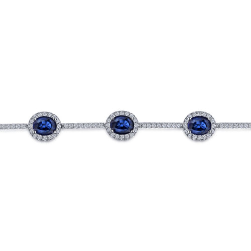 14K White Gold Oval Sapphire and Diamond Halo Tennis Bracelet