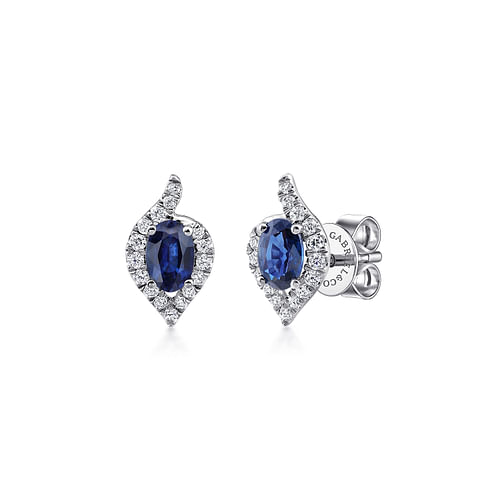 14K White Gold Oval Shape Sapphire and Diamond Halo Stud Earrings