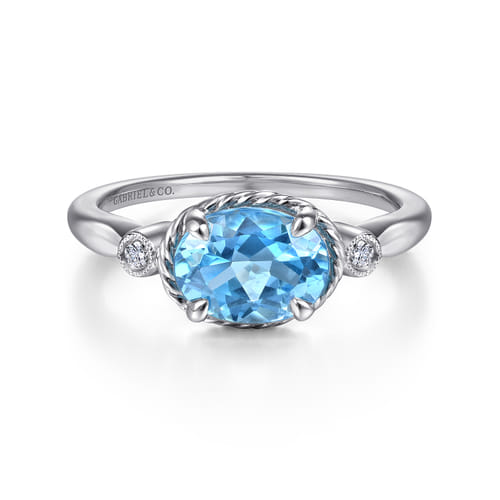14K White Gold Oval Swiss Blue Topaz & Diamond Three Stone Promise Ring