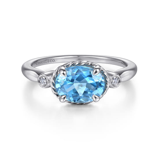 Gabriel - 14K White Gold Oval Swiss Blue Topaz & Diamond Three Stone Promise Ring
