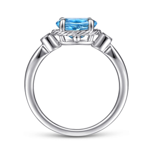 14K White Gold Oval Swiss Blue Topaz & Diamond Three Stone Promise Ring