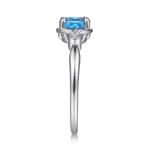 14K White Gold Oval Swiss Blue Topaz & Diamond Three Stone Promise Ring