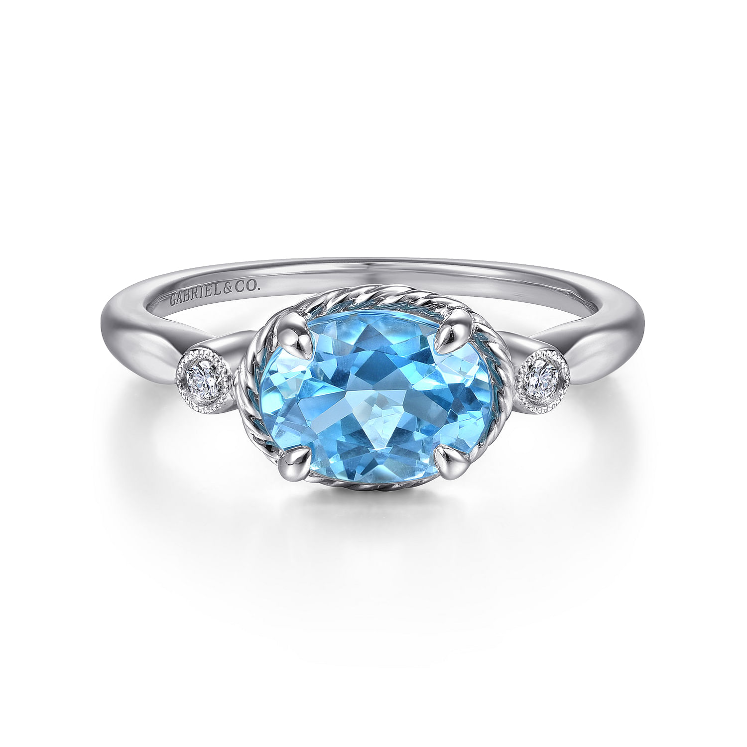 Gabriel - 14K White Gold Oval Swiss Blue Topaz & Diamond Three Stone Ring